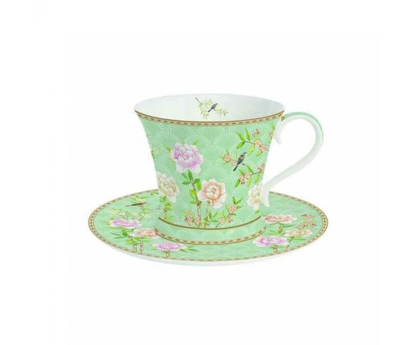 Porcelanowa filiżanka z talerzykiem zielona 300 ml PALACE GARDEN