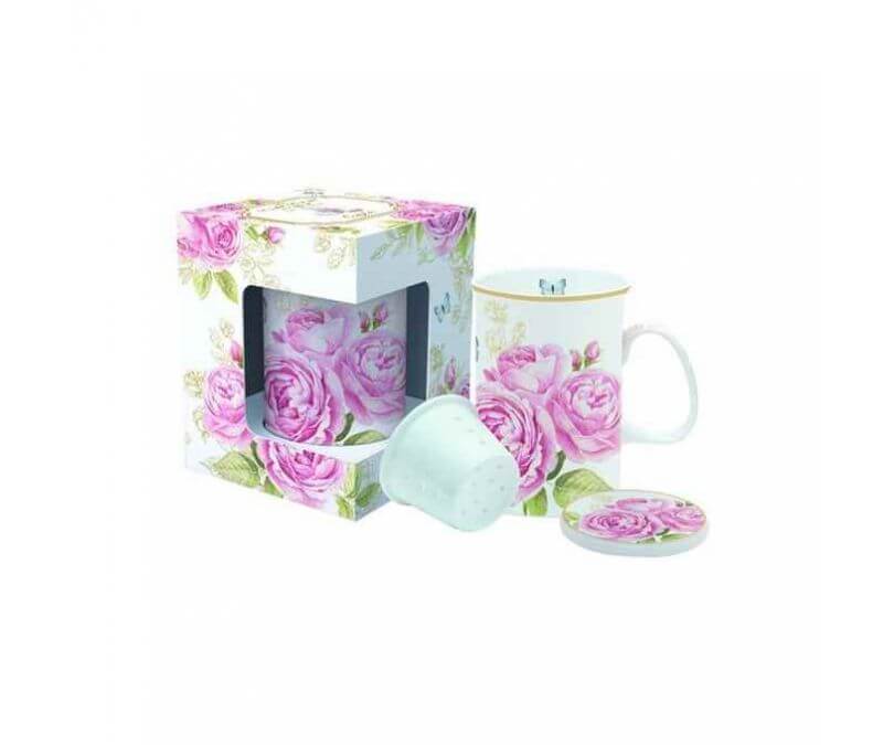 Porcelanowy kubek z zaparzaczem i pokrywką 300 ml ROMANTIC