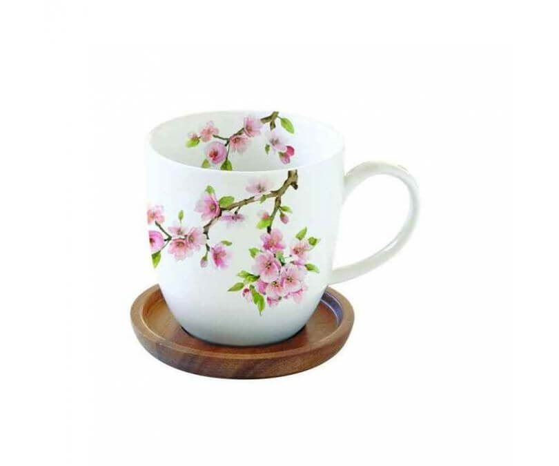 Kubek porcelanowy z podkładką akacjową SAKURA