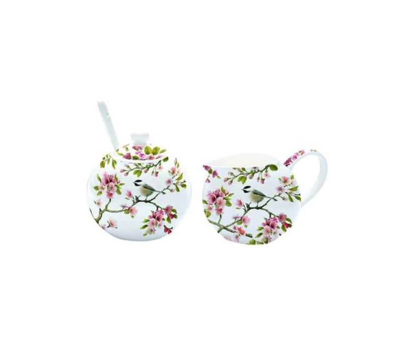 Porcelanowa cukiernica z łyżeczką i mlecznik do kawy ROMANTIC
