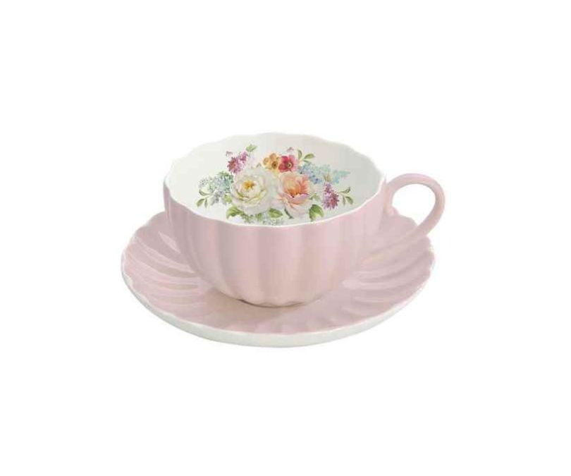 Porcelanowa filiżanka z talerzykiem pudrowy róż 200 ml ROYALE