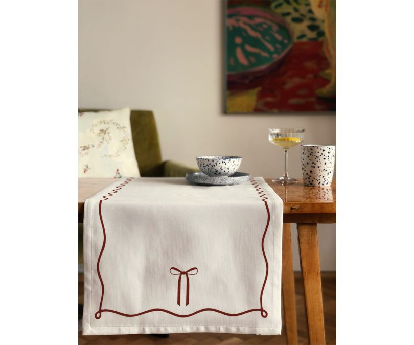 Bieżnik świąteczny biały czerwona kokarda