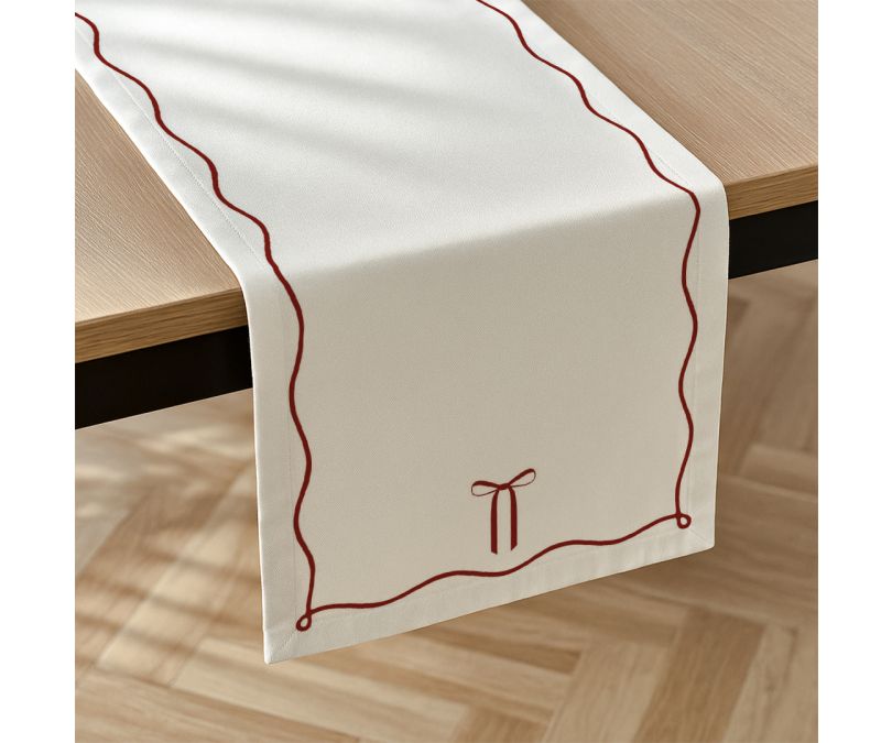 Bieżnik świąteczny biały czerwona kokarda