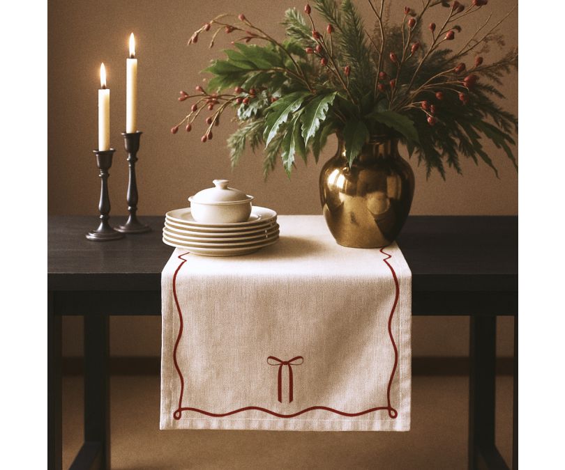 Bieżnik świąteczny biały czerwona kokarda