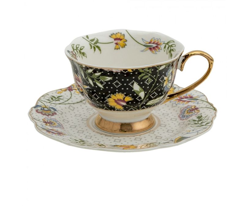 Filiżanka porcelowa kwiaty na czarno-złotym tle 200 ml komplet 2 szt.