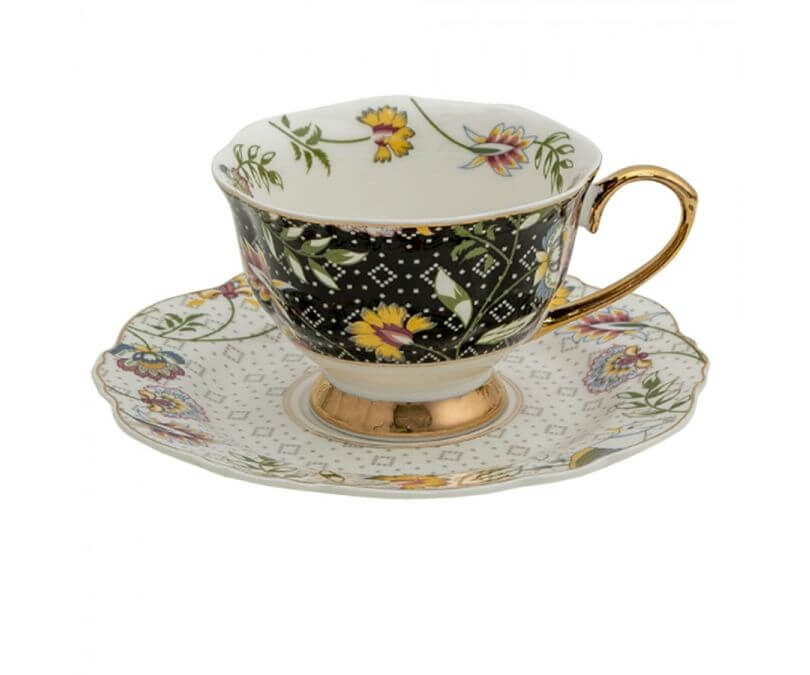 Filiżanka porcelowa kwiaty na czarno-złotym tle 200 ml komplet 2 szt.